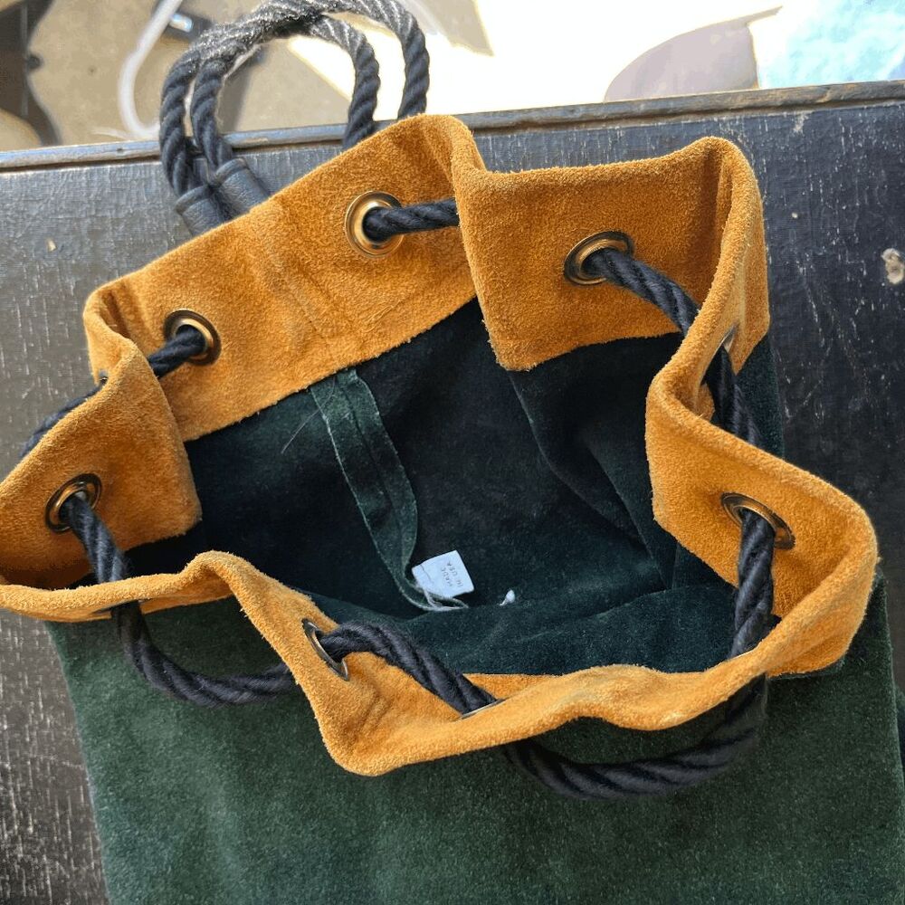 VTG Forest Green Suede Leather Drawstring Backpack USA Boho Minimalist - Picture 9 of 12